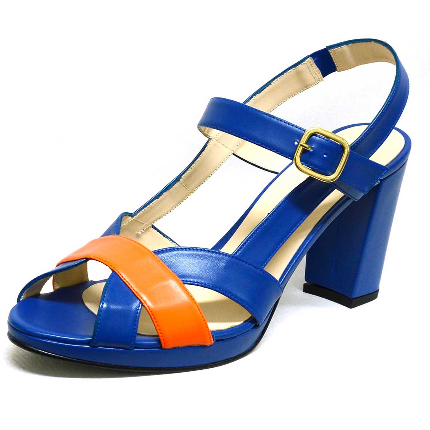 sandales cuir lisse bleu orange, chaussures femme grande taille