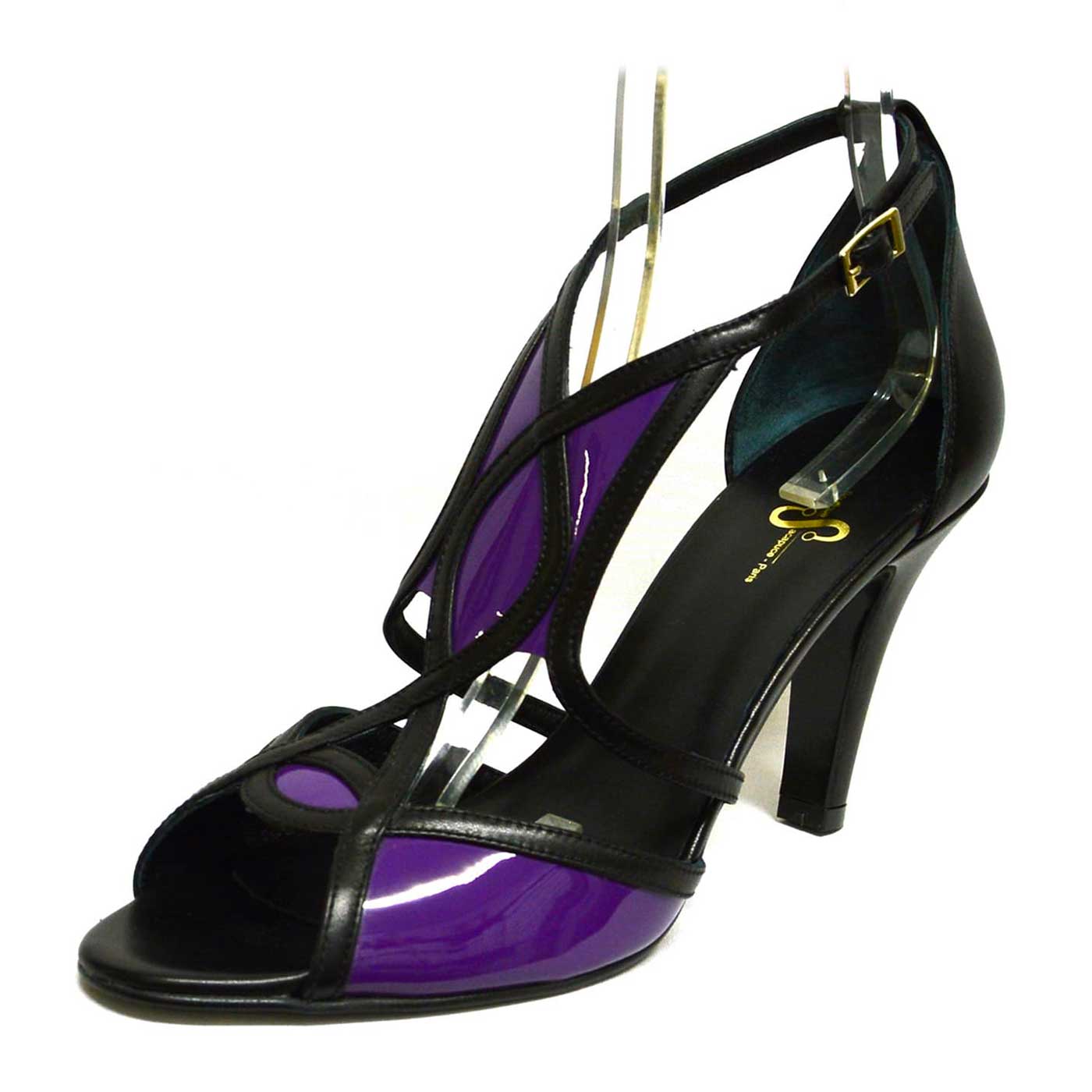 sandales cuir lisse noir violet, chaussures femme grande taille