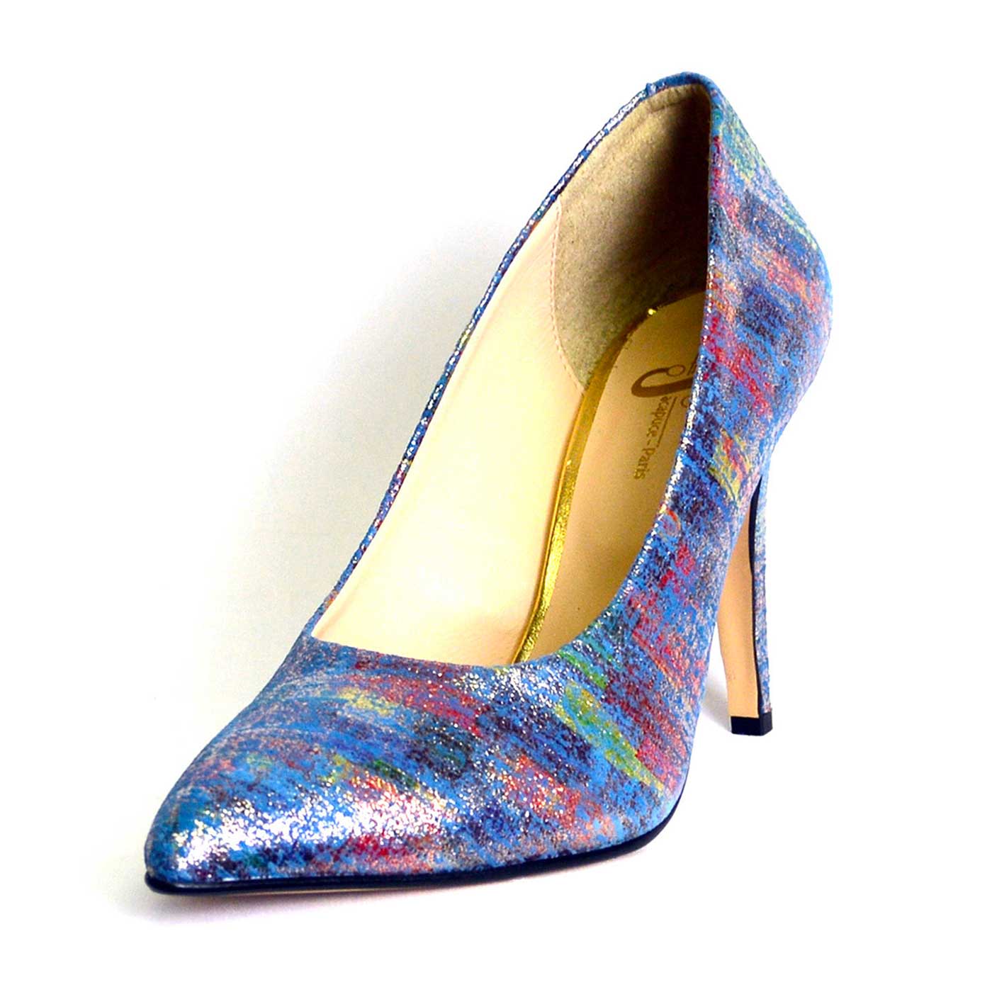 escarpins cuir lisse bleu metallise multicolore, chaussures femme grande taille