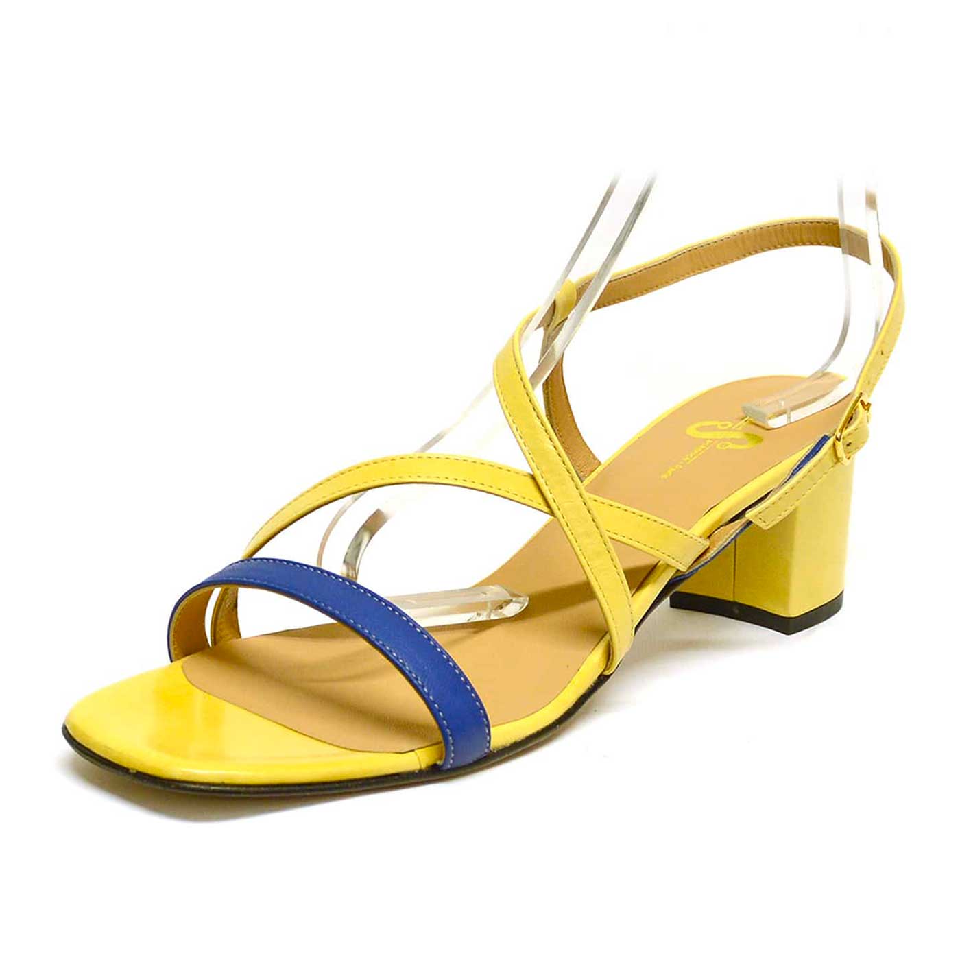 sandales cuir lisse bleu jaune, chaussures femme grande taille