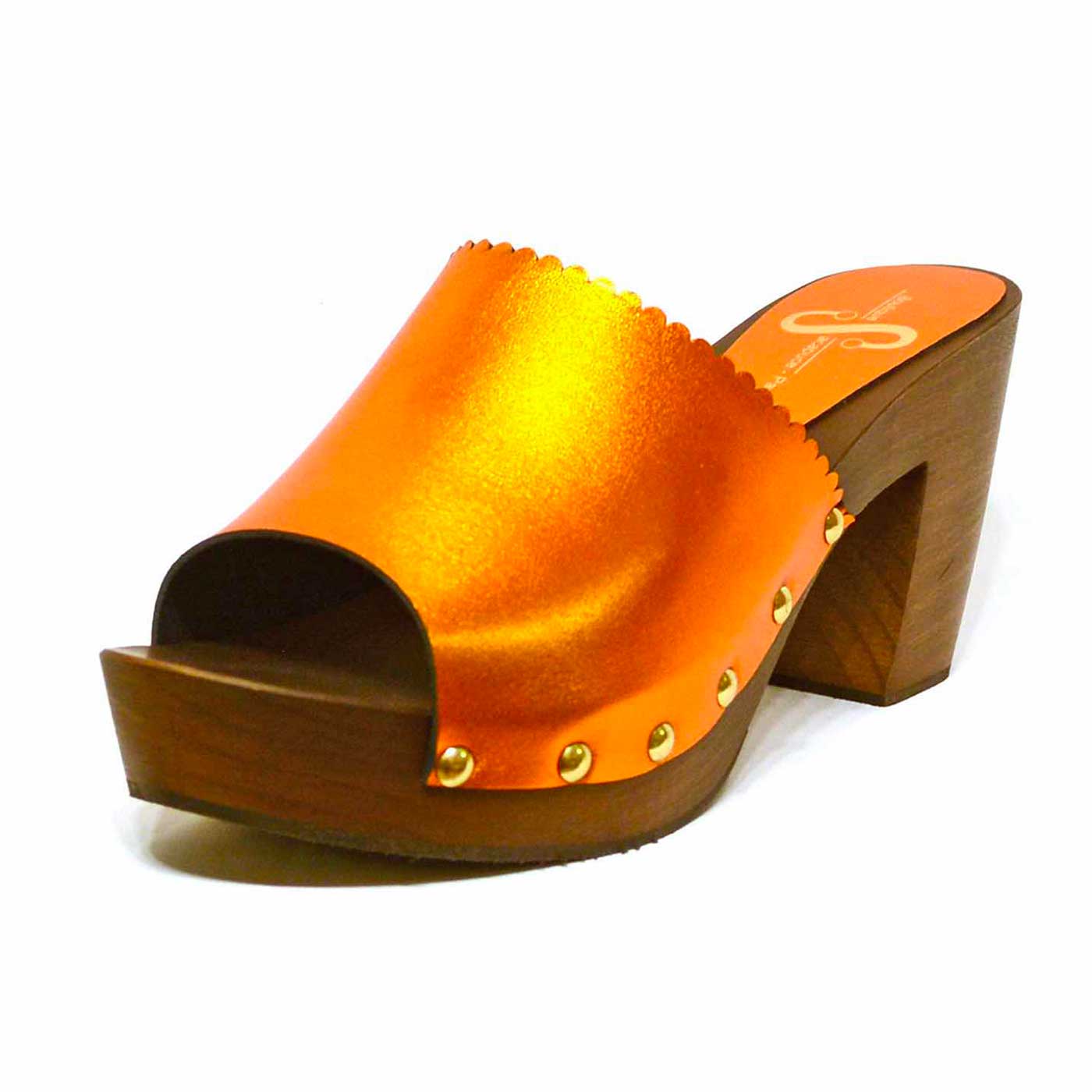 sabots cuir lisse metallise orange, chaussures femme grande taille