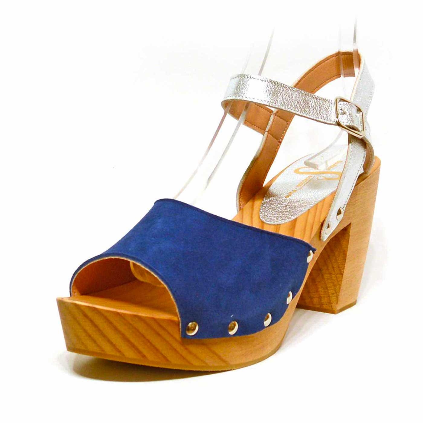 sabots métallisées argent bleu, chaussures femme grande taille