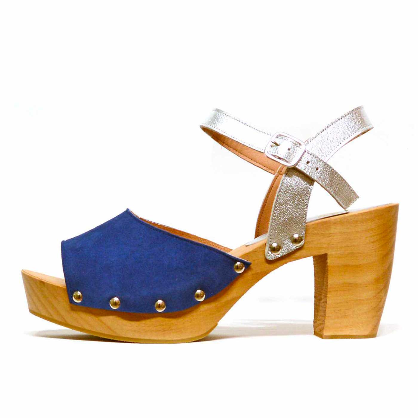 sabots métallisées argent bleu, chaussures femme grande taille