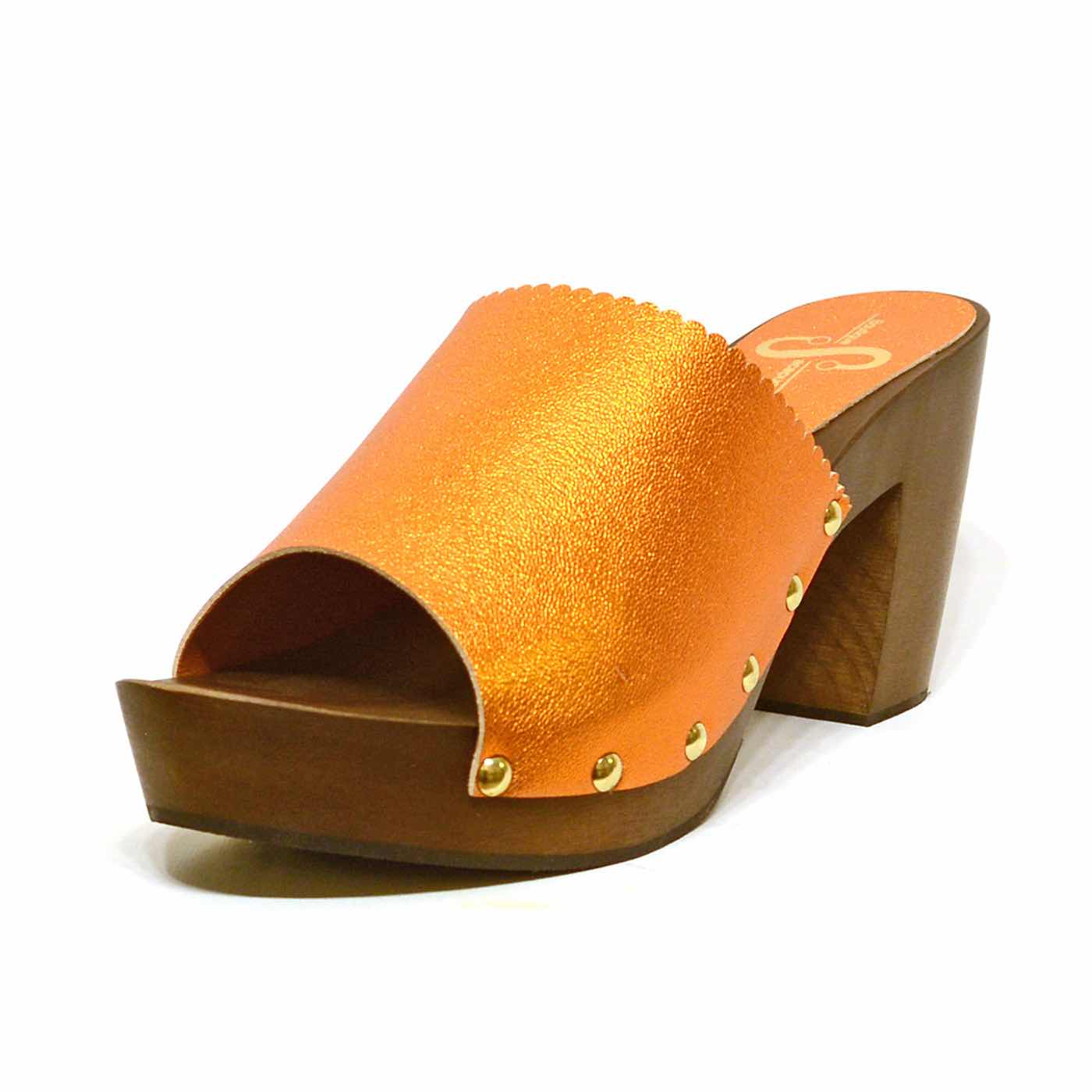 sabots métallisées orange, chaussures femme grande taille