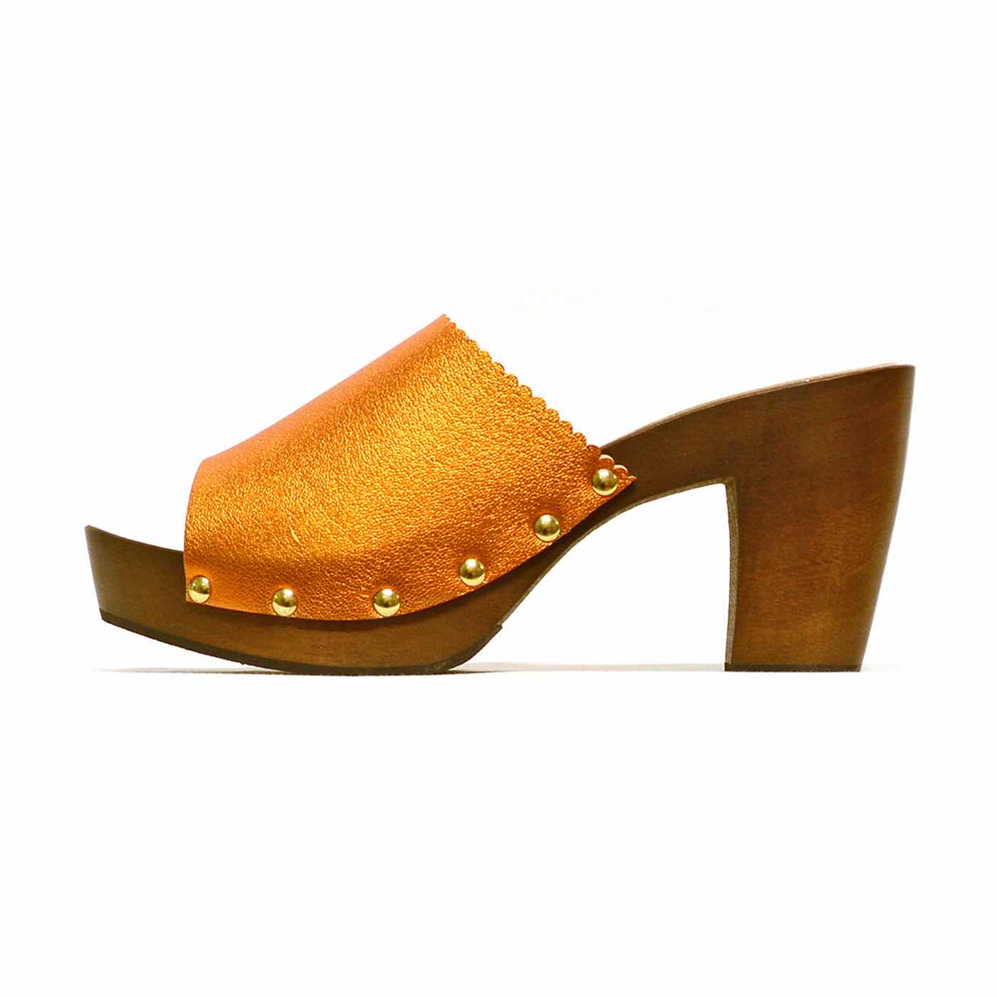 sabots métallisées orange, chaussures femme grande taille