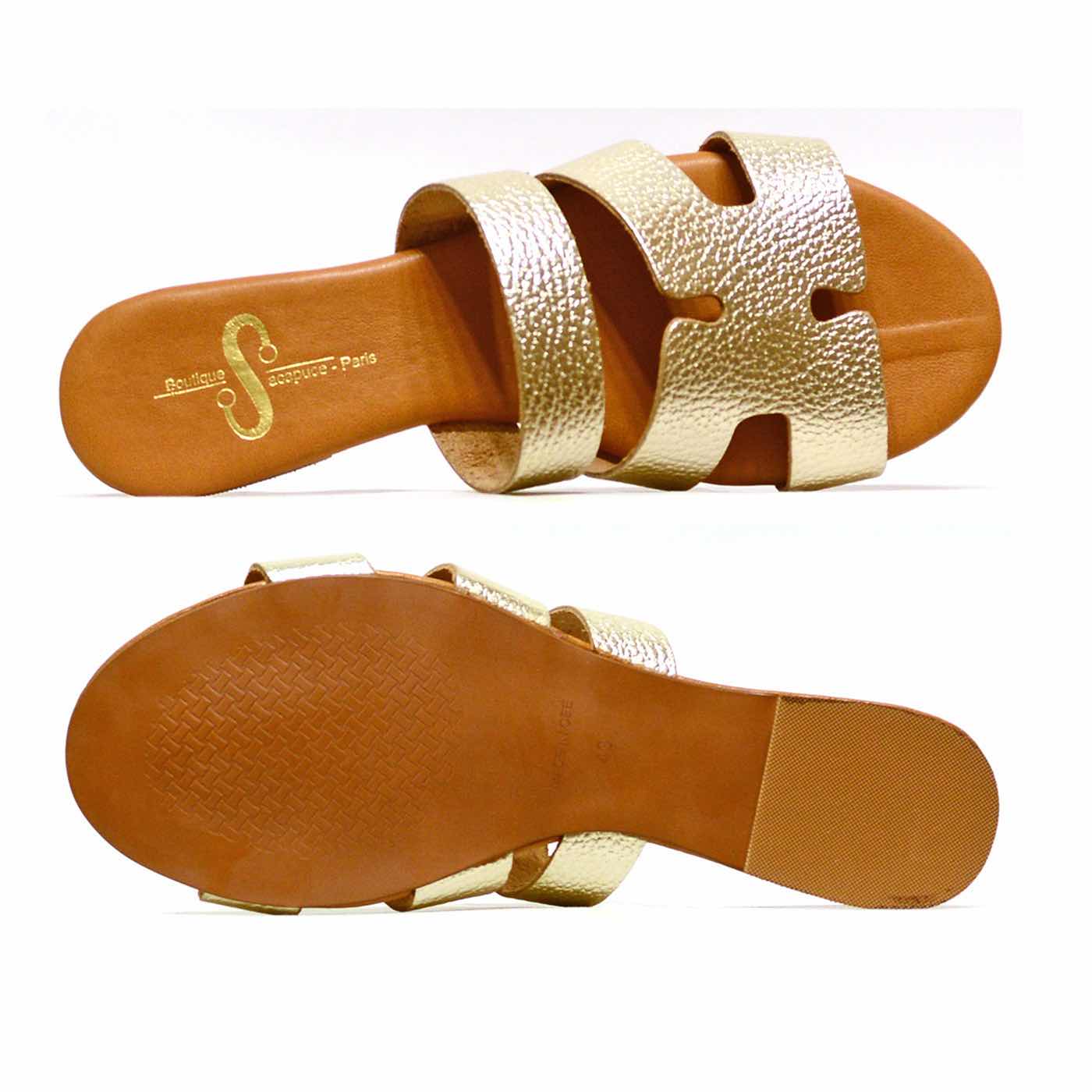 mules cuir grainé platine or, chaussures femme grande taille