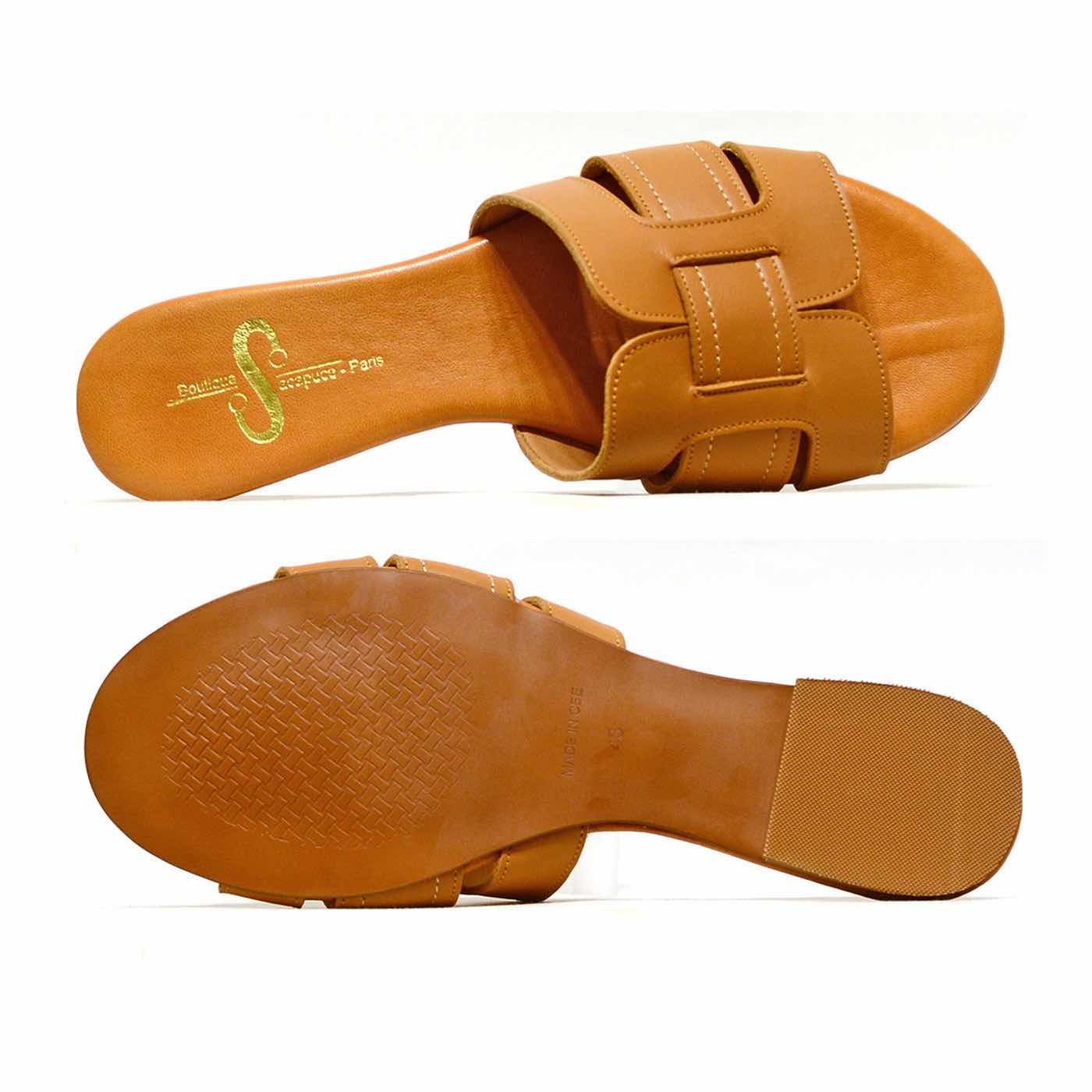mules cuir lisse camel, chaussures femme grande taille
