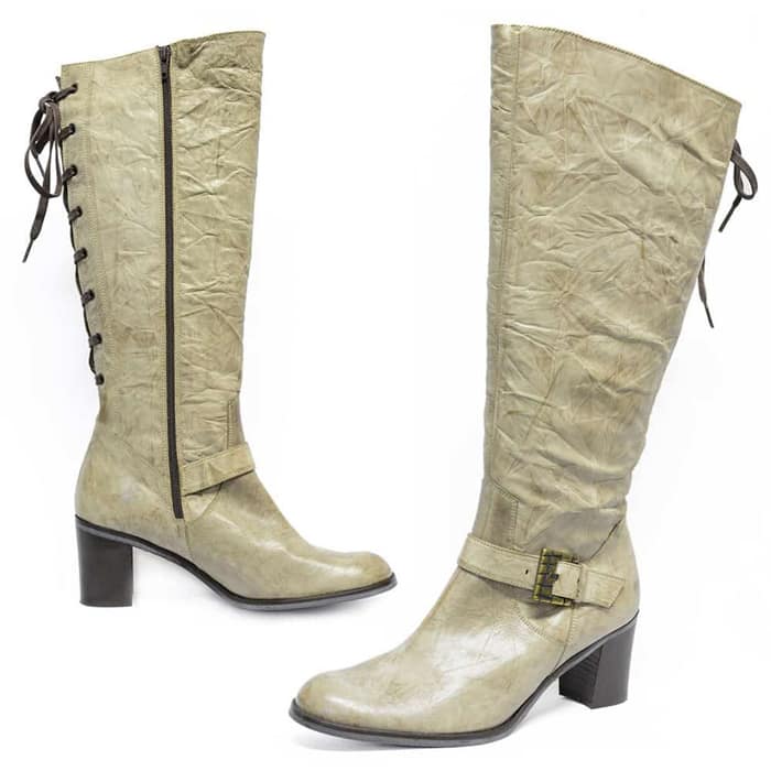 bottes femme grande taille du 40 au 48, cuir fripé beige, talon de 5 à 6 cm, souples bottes mollets larges, hiver