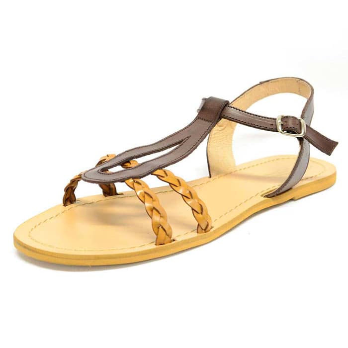sandalettes femme grande taille du 40 au 48, cuir lisse marron, talon de 0,5 à 2 cm, pas cheres sandales plates, chaussures pour l'été