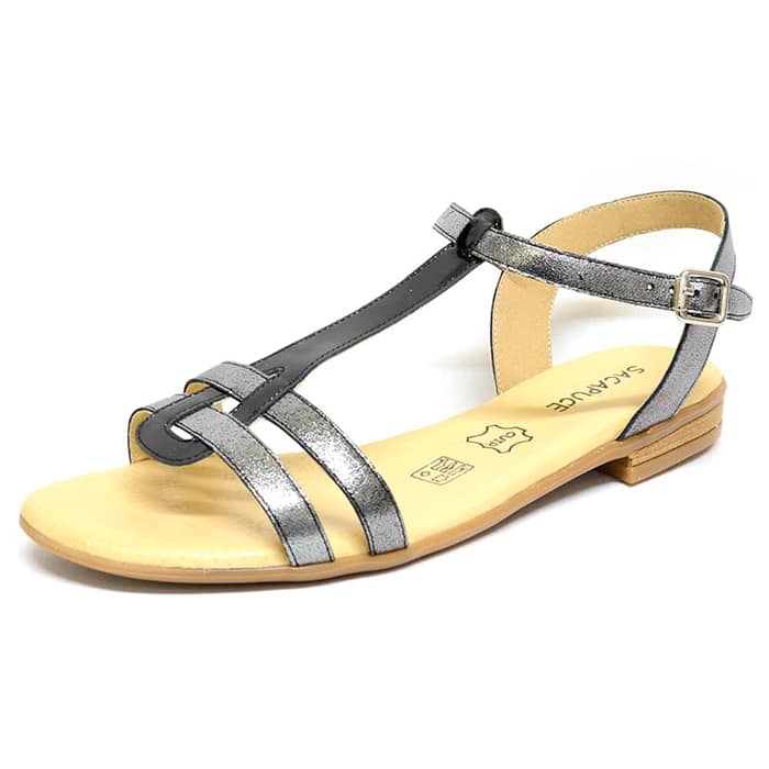 sandalettes femme grande taille du 40 au 48, brillant metallise noir, talon de 0,5 à 2 cm, sandales plates, chaussures pour l'été