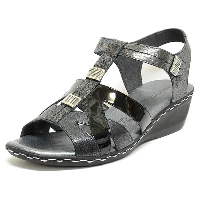 sandales femme grande taille du 40 au 48, cuir lisse argent metallise noir, talon de 5 à 6 cm, detente, chaussures pour l'été