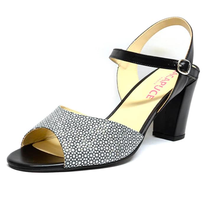 sandales femme grande taille du 40 au 48, cuir lisse argent metallise noir, talon de 7 à 8 cm, sandales talons hauts, chaussures pour l'été