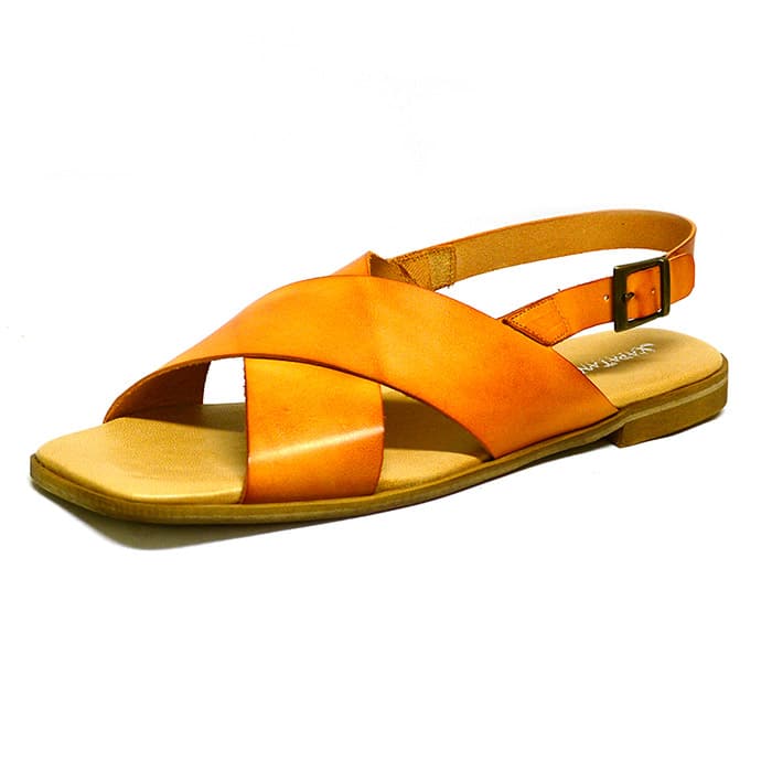 sandales femme grande taille du 40 au 48, cuir lisse camel orange, talon de 0,5 à 2 cm, plates sandales plates detente, chaussures pour l'été