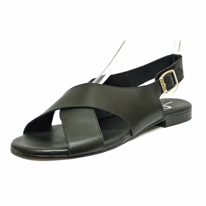 nu-pieds femme grande taille du 40 au 48, cuir lisse noir, talon de 0,5 à 2 cm, plates sandales plates confort, toutes saisons