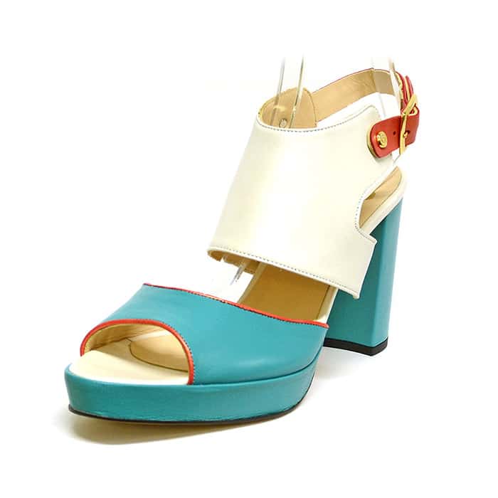 sandales femme grande taille du 40 au 48, cuir lisse blanc bleu multicolore, talon de  9 cm et plus, à patins mode sandales talons hauts fantaisie, printemps
