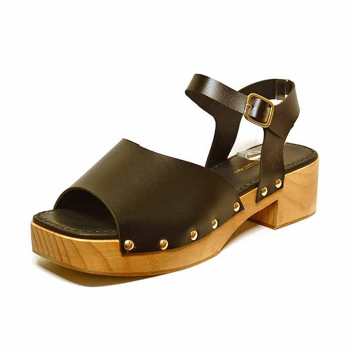 sandales femme grande taille du 40 au 48, cuir lisse noir, talon de 5 à 6 cm, à patins mode detente, toutes saisons