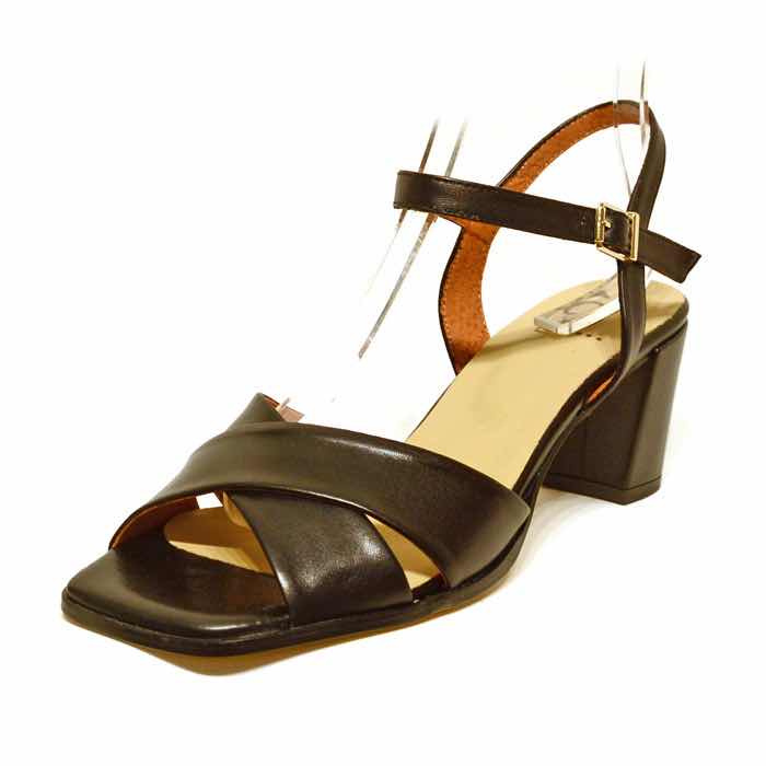 sandales femme grande taille du 40 au 48, cuir lisse noir, talon de 7 à 8 cm, habillee sandales talons hauts, chaussures pour l'été