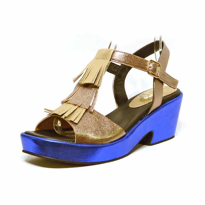 sandales femme grande taille du 40 au 48, cuir lisse bleu bronze, talon de 7 à 8 cm, à patins mode tendance detente pied large, chaussures pour l&#039;été