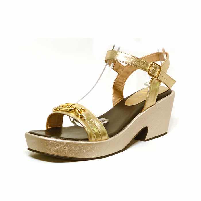 sandales femme grande taille du 40 au 48, cuir lisse platine or, talon de 7 à 8 cm, à patins mode tendance detente, chaussures pour l&#039;été