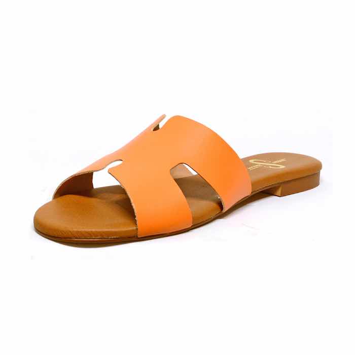 mules femme grande taille du 40 au 48, cuir lisse orange, talon de 0,5 à 2 cm, mode plates sandales plates souples detente, chaussures pour l&#039;été