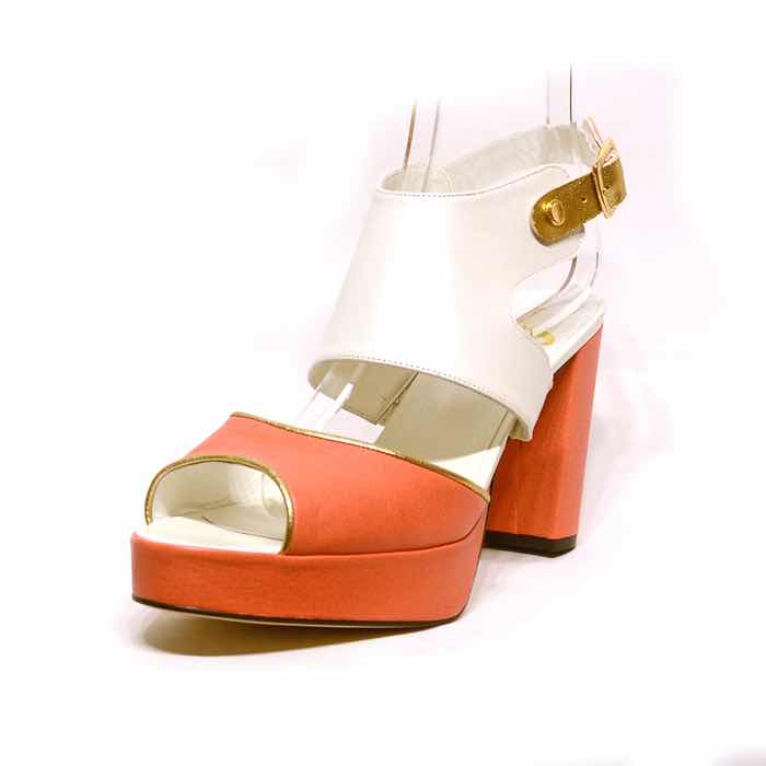 sandales femme grande taille du 40 au 48, cuir lisse blanc multicolore orange, talon de  9 cm et plus, à patins mode sandales talons hauts fantaisie, chaussures pour l&#039;été