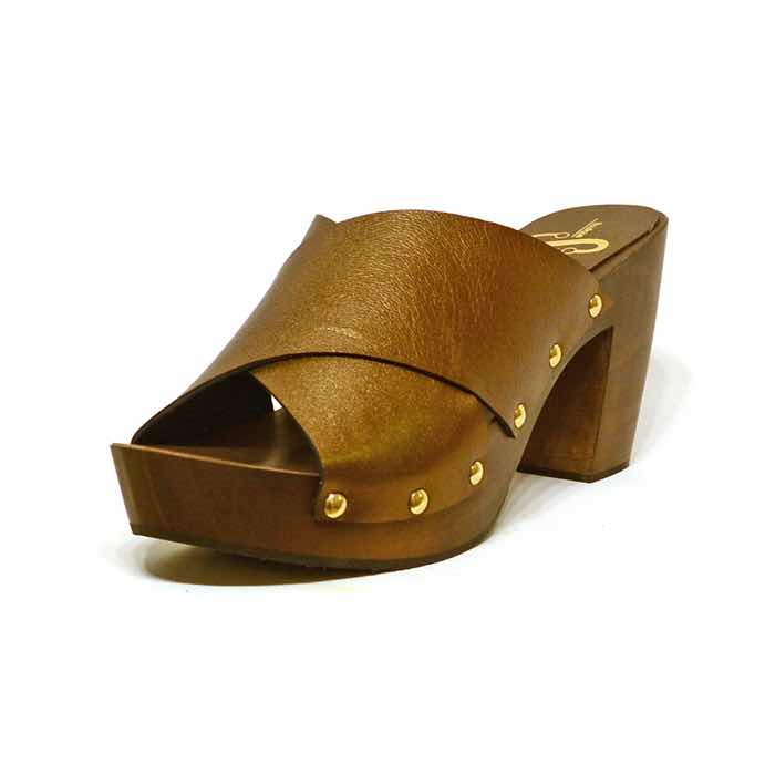 sabots femme grande taille du 40 au 48, cuir lisse bronze, talon de  9 cm et plus, à patins mode talon haut sandales talons hauts detente, chaussures pour l&#039;été