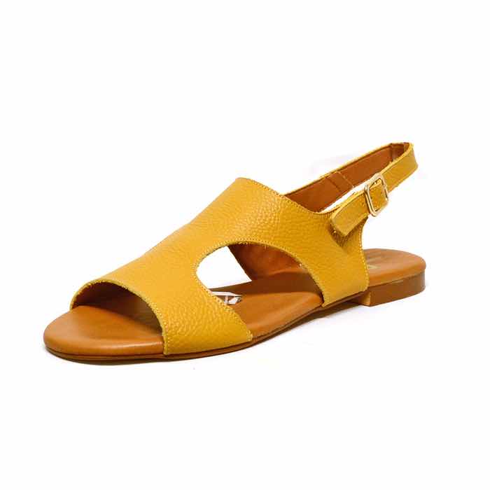 sandalettes femme grande taille du 40 au 48, cuir grainé jaune, talon de 0,5 à 2 cm, plates souples detente, chaussures pour l&#039;été